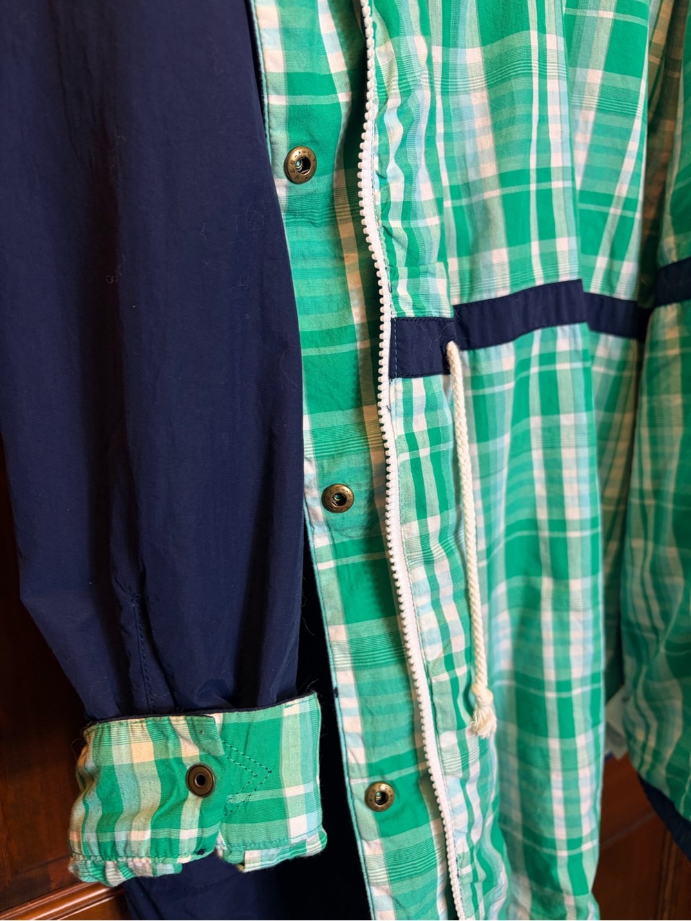 Navy Rain Coat Plaid Heritage Checks Gingham Cotton Lined Hood Pockets Columbia - Picture 9 of 14